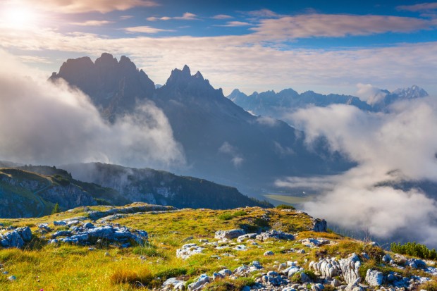 Sunny summer morning in the Italian Alps. Dolomites mountains, I